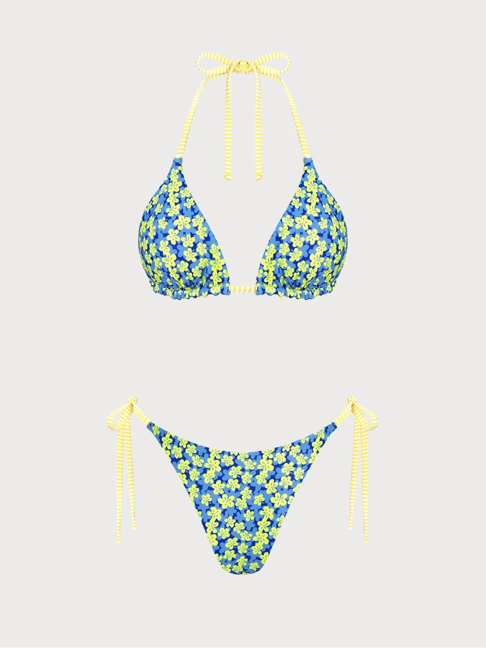 Blue Striped Reversible Floral Contrast Bikini Set